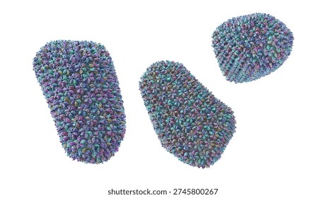 Human immunodeficiency virus type 1 virion, 3D illustration showing an enveloped retrovirus with conical capsid containing two copies of positive-sense single-stranded RNA and reverse transcriptase.