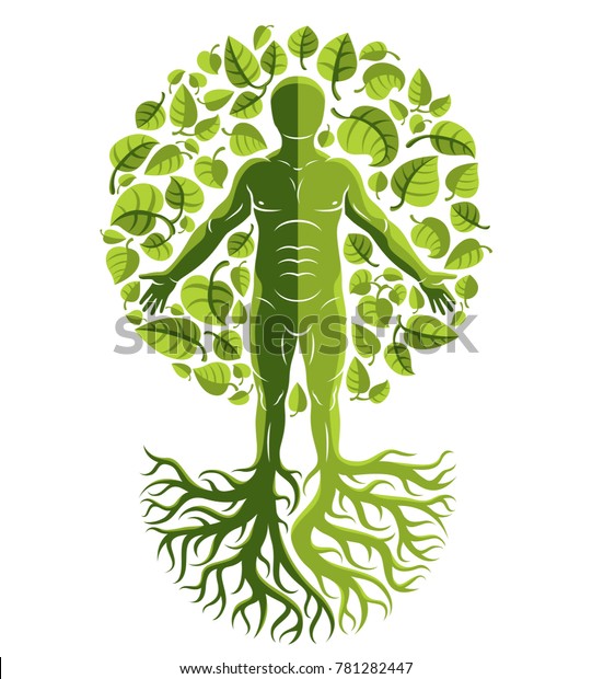 木の根で作られ 緑の葉に囲まれた人間の個性 ファミリーツリー ライフツリーのコンセプト図 のイラスト素材
