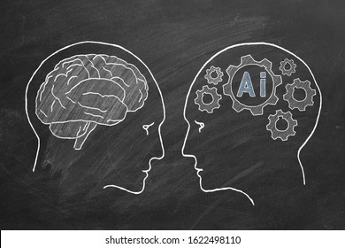 Human Intelligence Vs Artificial Intelligence. Face To Face. Duel Of Views. Animated Illustration On A School Blackboard.