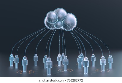 Human interconnected through the shared computer processing resources and data to computers, cloud computing. 3D rendering.