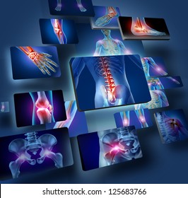 Human joints concept with the skeleton anatomy of the body with a group of panels of sore joints glowing as a pain and injury or arthritis illness symbol for health care and medical symptoms.