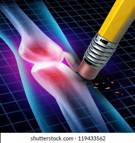 Human Knee Pain Relief With An X-ray Of A Body Anatomy With The Painful Area Being Erased By A Pencil As A Health Care Medical Symbol Caused By Accident Or Arthritis As A Skeletal Joint Cure.