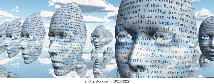 Human like faces covered in text  Text is from HG Wells The TIme Machine and has been in the public domain for many decades no release required