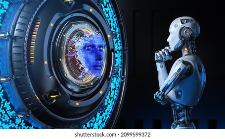 Human Like Robot In A Pensive Posture In Front Of Super Computer. 3D Illustration