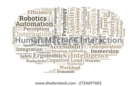 Human Machine Interaction Word Cloud. Professional Typography Representing Core Concepts of Usability, Automation, Robotics, and Cognitive Engineering for Seamless Human Machine Synergy.