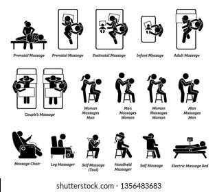 Human masseur and massage equipments. Artworks depict massage for prenatal, postnatal, infant, adult, and couple. Equipment and massage tools include chair, leg, handheld tool, and bed.