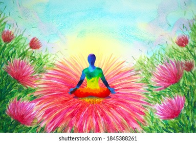 Human Meditate Mind Mental Health Yoga Art Meditation Chakra Spiritual Healing Watercolor Painting Illustration Design In Blooming Flower Garden Abstract Concept