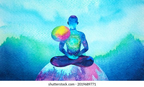 human meditate mind mental health conscious yoga chakra spiritual holistic healing breath peace abstract energy meditation connect the universe energy watercolor painting illustration design art