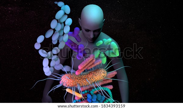 The human
Microbiome, genetic material of all the microbes that live on and
inside the human body. 3d
illustration