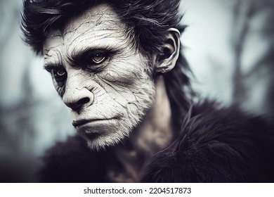 Human Monkey Face Portrait. A Man With Apes Traits, Large Jaw, Hairy Face, Big Eyes And Large Forehead. Photo Realistic, Concept Art, Cinematic Light, Background, Wallpaper, Illustration