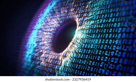  Human multicolored iris of the eye animation concept. Rainbow lines after a flash scatter out of a bright binary circle and forming volumetric a human eye iris and pupil. 3d rendering background 4K