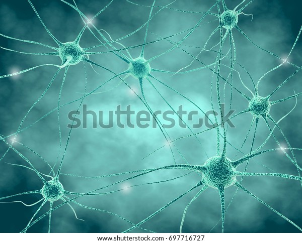 Human nervous system . Nerve cells with\
synapses and neurotransmitters 3D\
illustration.