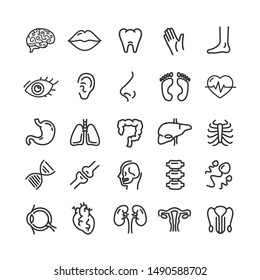 Human Organs Black Thin Line Icon Set Include Of Stomach, Heart, Liver, Kidney And Eye. Illustration Of Organ