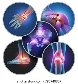 Human painful joints concept with the skeleton anatomy of the body with a group of sores with glowing joint pain and injury or arthritis with 3D illustration elements.