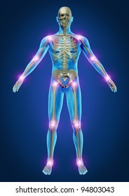 Human Painful Joints With The Skeleton Anatomy Of The Body With The Sore Joints Glowing As A Pain And Injury Or Arthritis Illness Symbol For Health Care And Medical  Symptoms.