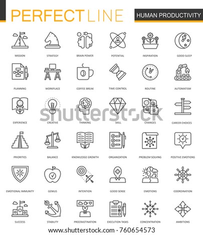 Human productivity thin line web icons set. Task concentration outline stroke icons design.