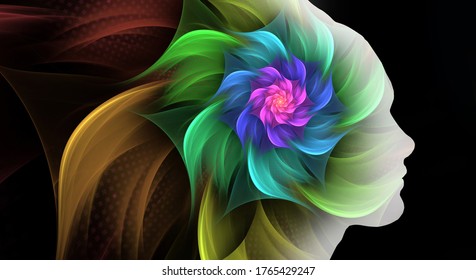 Human profiles executed in surreal painting style on the subject of dreams, passions, creativity and imagination.A state of euphoria and meditation. Abstract fractal patterns and shapes.
