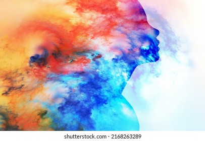 Human profiles executed in surreal painting style on the subject of dreams, passions, creativity and imagination.A state of euphoria and meditation. Abstract fractal patterns and shapes.