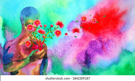 human red heart healing flower flow in universe love spiritual mind mental health chakra power abstract soul art watercolor painting illustration design drawing