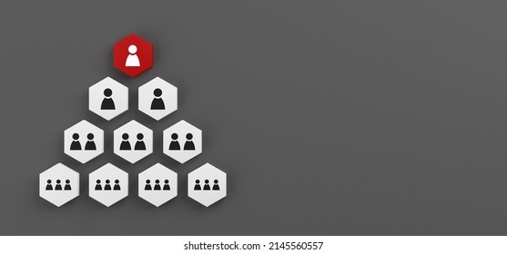 Human Resource Development And Teamwork Concept. Pyramid White Cubes Honeycomb With People Icon, Top Red Cube Leader, Grey Background. 3D Rendering.