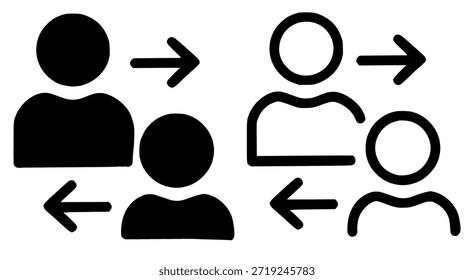 Human Resource Interaction and User Transfer Vector Icon Set Minimalist black and white icons representing human interaction, data transfer, and user management. Perfect for HR software, team collaboration tools, and professional networking interface design