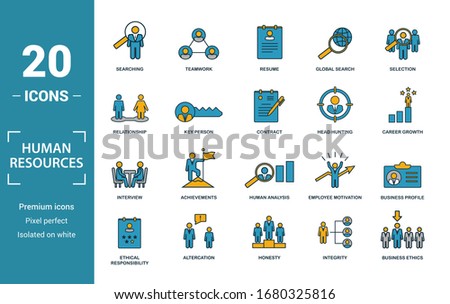 Human Resources icon set. Include creative elements searching, resume, relationship, head hunting, interview icons. Can be used for report, presentation, diagram, web design.