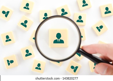 Human Resources, Personal Audit, Assessment Center And Sales Force Concept - Recruiter Look For Employee Represented By Icon.