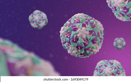 Human Rhinovirus Picornavirus Under The Microscope 3D Illustration With Depth Of Field