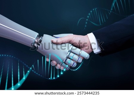 Human and robot hand shake, symbolizing technology and collaboration. Futuristic tech, human-robot connection, and innovation in harmony. Futuristic technology with artificial intelligence.