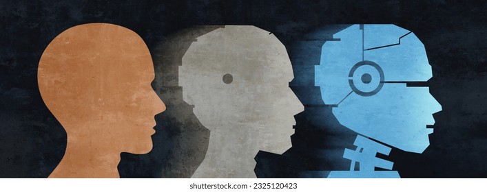 Human to Robot integration and interaction with humans as technology and Artificial Intelligence or AI merges with humanity as biology fuses or transforms to robots in a 3D illustration style.