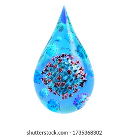 Human Saliva Drop With Contagious Virus, Coronavirus, Covid-19, White Background, 3D Illustration