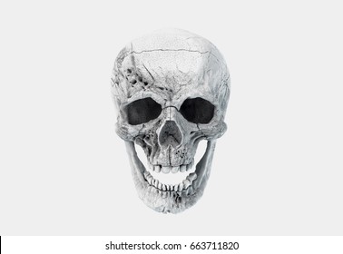 Human Scary Skull Locally Deformed in Rich colors in to the White isolated background. Concept of death, horror. Spooky halloween symbol. Illustration of 3D rendering.