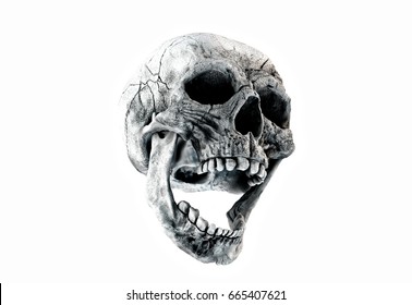 Human Scary Skull Locally Deformed in Rich colors in to the White Background. Concept of death, horror. Spooky halloween symbol. Illustration of 3D rendering.