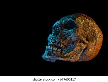 Human Scary Skull Locally Deformed in Rich colors in to the Black Background. Concept of death, horror. Spooky Halloween Symbol. Illustration of 3D rendering. - Shutterstock ID 679600117