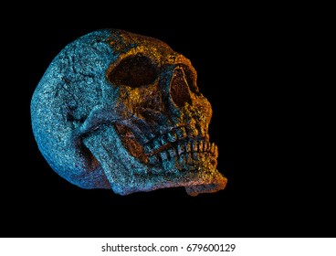 Human Scary Skull Locally Deformed in Rich colors in to the Black Background. Concept of death, horror. Spooky Halloween Symbol. Illustration of 3D rendering. - Shutterstock ID 679600129