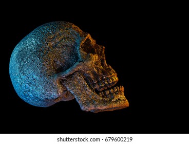 Human Scary Skull Locally Deformed in Rich colors in to the Black Background. Concept of death, horror. Spooky Halloween Symbol. Illustration of 3D rendering. - Shutterstock ID 679600219