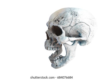 Human Scary Skull Locally Deformed in Rich colors in to the White Background. Concept of death, horror. Spooky Halloween Symbol. Illustration of 3D rendering.