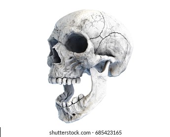Human Scary Skull Locally Deformed in Rich colors in to the White Isolated Background. Concept of death, horror. Spooky Halloween Symbol. Illustration of 3D rendering.