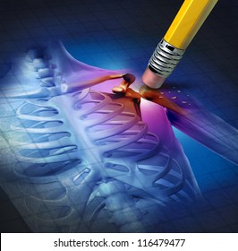 Human shoulder pain relief with an x-ray of a body anatomy with the painful area being erased by a pencil as a health care medical symbol caused by accident or arthritis as a skeletal joint cure.