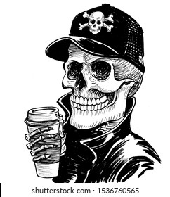 Human Skeleton Drinking Coffee. Ink Black And White Illustration