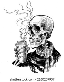 Human Skeleton Drinking A Cup Of Coffee. Ink Black And White Drawing