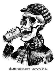 Human Skeleton Drinking A Cup Of Coffee. Ink Black And White Drawing