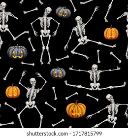 Human Skeleton And Pumpkins Seamless Pattern. Colorful Halloween Background