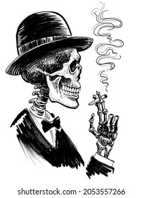 Human skeleton smoking  Ink black   white drawing