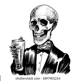 Human skeleton in suit drinking glass beer  Ink black   white drawing