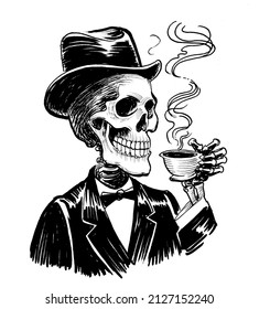 Human skeleton in suit   hat drinking cup coffee  Ink black   white drawing