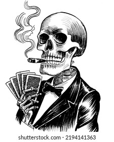 Human skeleton in suit and playing cards   smoking cigar  Ink black   white drawing