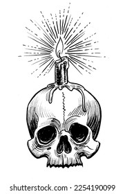 Human skull   burning candle  Ink black   white drawing