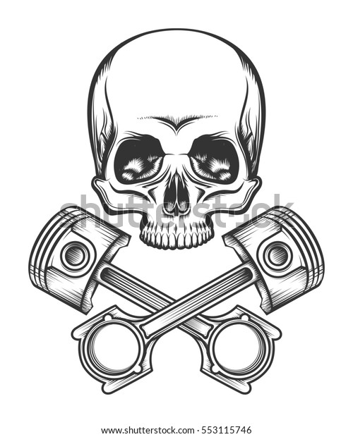 Human\
skull and crossed engine pistons. Isolated on\
white