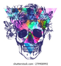 Human Skull And Flower Wreath. Los Muertos. Raster Illustration.